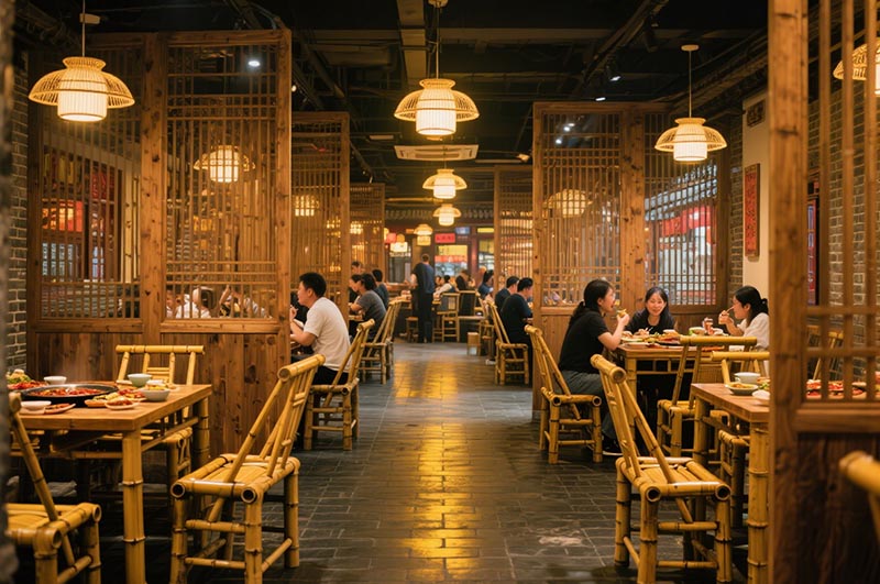 采用竹、木、青磚等傳統材質的火鍋店裝修效果圖