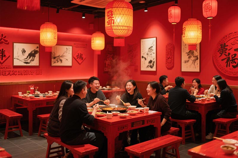 以紅色作為火鍋店的經典主色調裝修效果圖