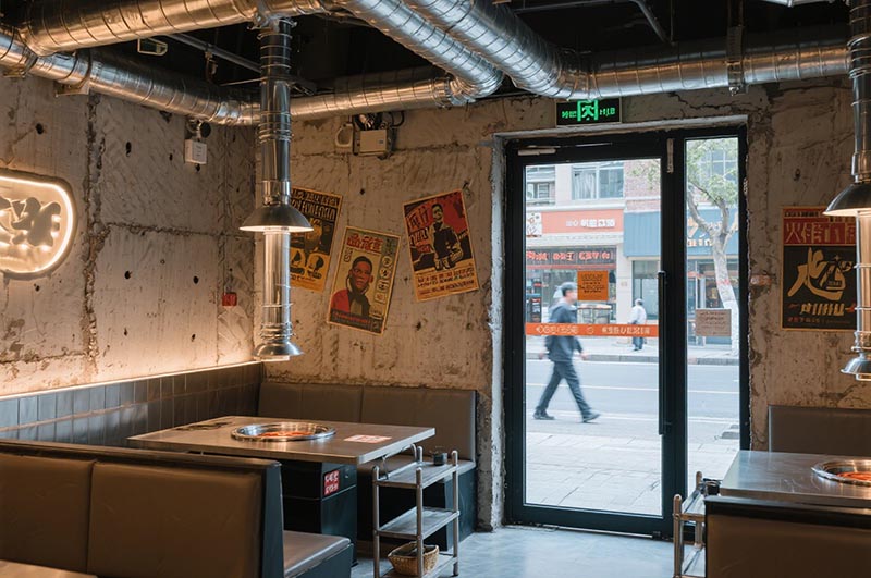 裸露的水泥墻面的工業風火鍋店裝修效果圖